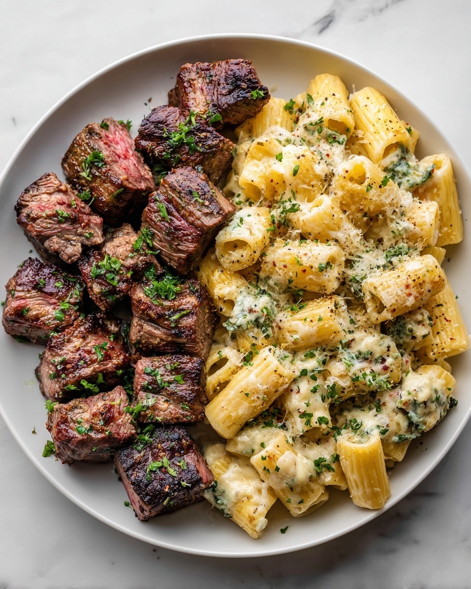 Garlic Butter Steak Bites with Cheesy Mozzarella Rigatoni Recipe