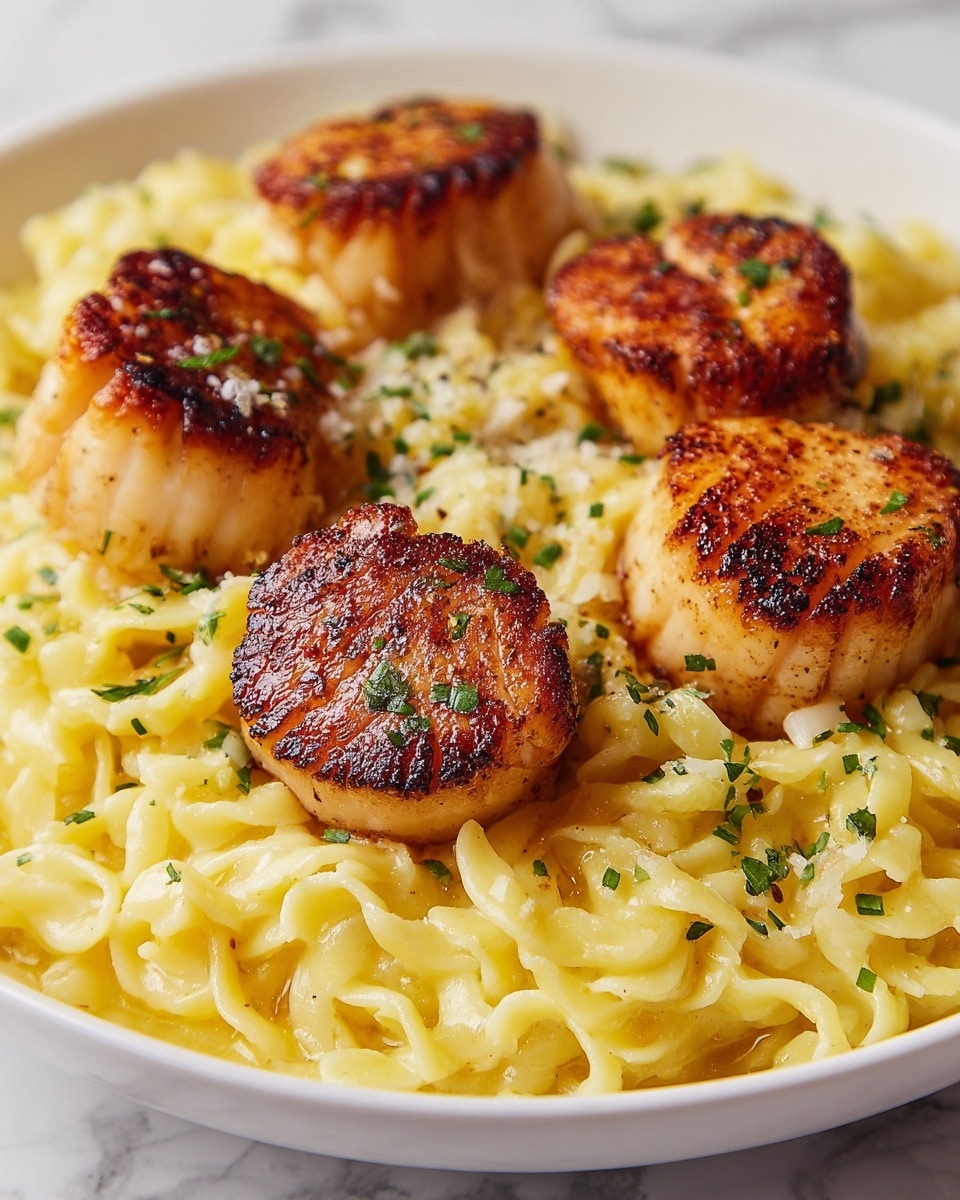 The image shows a close-up of a white plate filled with creamy yellow pasta topped with several golden-brown seared scallops. The scallops have a slight char and are sprinkled with finely chopped green herbs that add a fresh touch. The pasta underneath looks soft and coated in a light sauce, creating a smooth texture contrast with the scallops. The background is a white marbled texture. Photo taken with an iphone --ar 4:5 --v 7