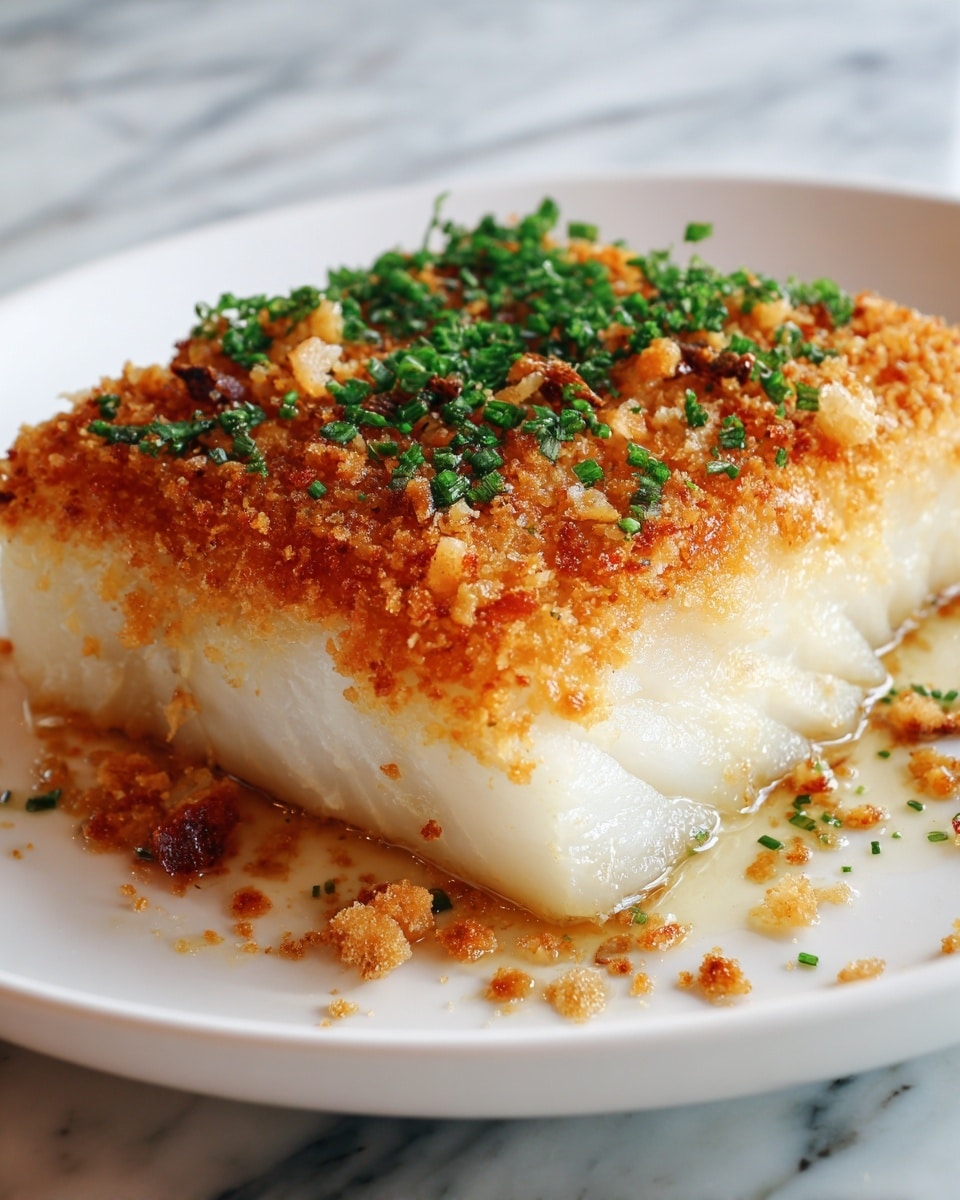 The image shows a close-up of a cooked square fish fillet on a white plate, with a crispy golden-brown crust on top. The top layer is textured with small toasted crumbs and sprinkled green herbs, creating a crunchy look with shades of orange and light brown. Below the crust is a thick white layer of flaky fish, which looks soft and moist. The edges of the fish are slightly browned from cooking, contrasting with the smooth white fish underneath. The background shows a white marbled surface. Photo taken with an iphone --ar 4:5 --v 7
