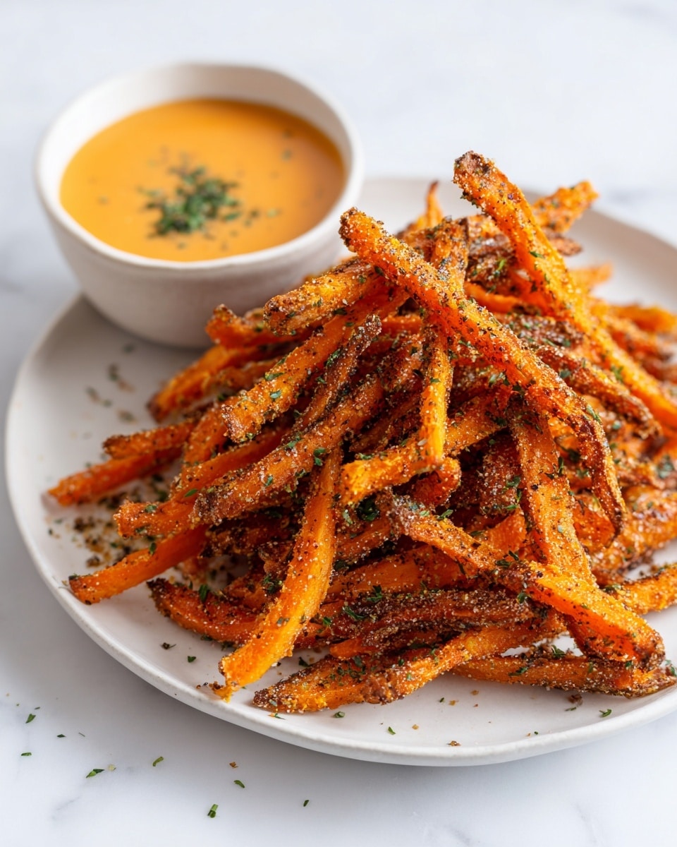 A pile of crispy orange carrot fries coated with green herbs and black pepper is stacked on a white plate, showing a rough and crunchy texture with some fries leaning on others. Toward the top left side, there is a small round bowl filled with a smooth light orange dipping sauce with green herb garnish on the surface. The scene is set on a white marbled background. Photo taken with an iphone --ar 4:5 --v 7