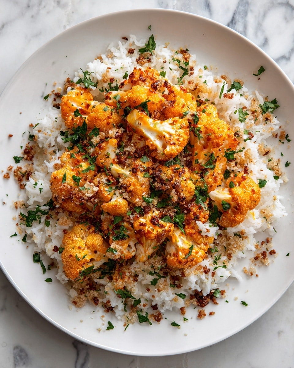A white plate holds a dish with a base layer of plain white rice, topped with bright orange roasted cauliflower pieces that show a slightly crispy texture. The cauliflower is sprinkled with green chopped herbs and small bits of brown toasted crumbs. The plate is set on a white marbled surface. Photo taken with an iphone --ar 4:5 --v 7