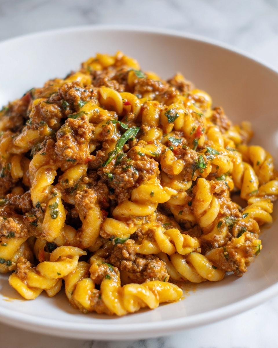 The image shows a close-up of a cooked pasta dish in a white plate, with short, twisted pasta pieces covered in a thick sauce made of ground meat and melted cheese. The pasta is yellow-orange, and the ground meat is brown with a crumbly texture. Small green herb bits are sprinkled on top, adding contrast and freshness. The melted cheese is creamy and appears slightly stringy, mixed evenly with the pasta and meat. The white marbled surface underneath the plate is blurred, keeping the focus on the rich and hearty pasta dish. Photo taken with an iphone --ar 4:5 --v 7