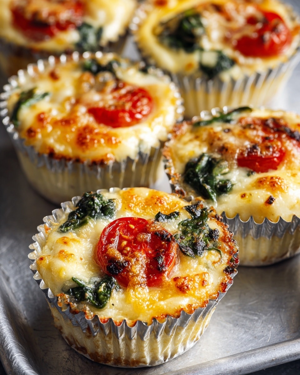 The image shows five small savory muffins or egg cups in silver foil liners on a metal tray. Each muffin has three main layers visible: a creamy pale yellow base layer, a bright red tomato slice as the middle layer, and a topping of melted golden-colored cheese mixed with dark green leafy spinach. The muffin edges show slightly browned melted cheese that has bubbled over. The texture of the cheese topping is smooth and gooey with some crispy spots. Photo taken with an iphone --ar 4:5 --v 7