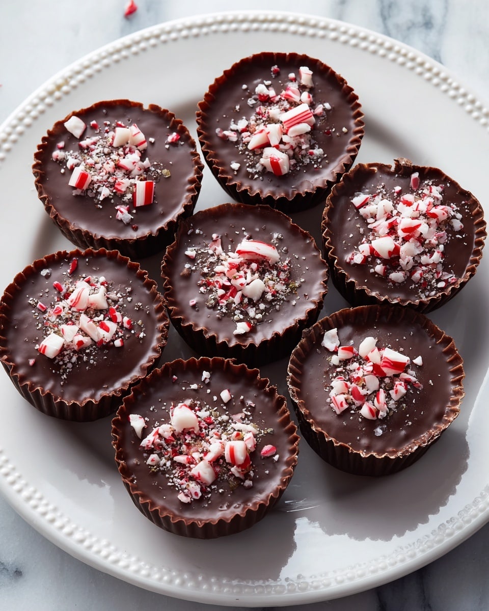 Six round chocolate-covered treats sit on a white plate with a dotted edge design. Each sweet is in a brown crinkled paper cup, with a smooth dark chocolate shell that has a glossy finish. On top of each, there are sprinkled crushed red-and-white peppermint candy pieces, adding a rough texture and festive color contrast. The plate rests on a white marbled surface, making the chocolate and peppermint colors stand out. photo taken with an iphone --ar 4:5 --v 7