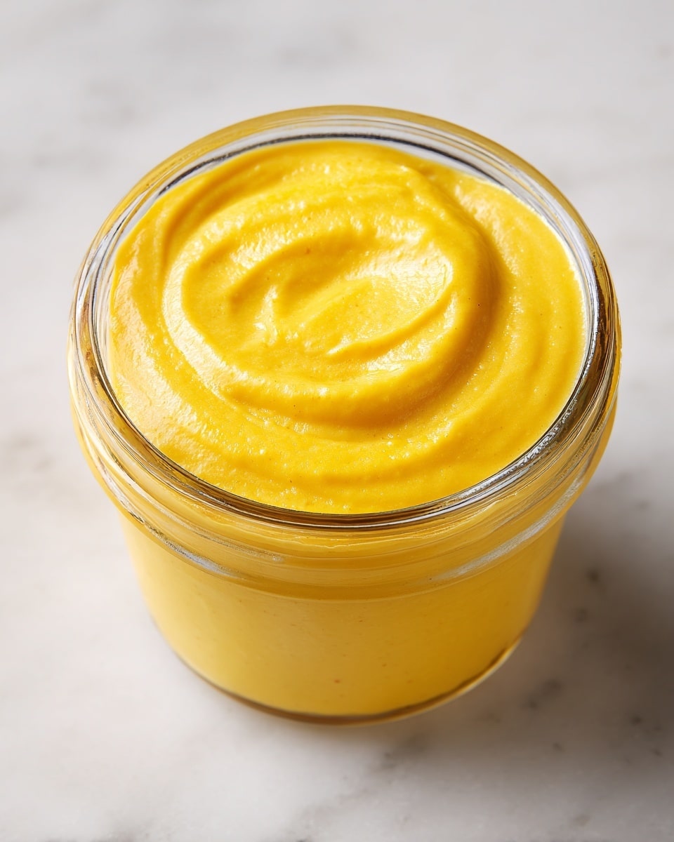 A small clear glass jar filled with smooth, creamy mustard that is bright yellow in color, with visible soft swirls on the top layer. The jar is placed on a white marbled surface, and the mustard has a glossy texture that catches the light evenly across the surface. The mustard fills the jar close to the top edge, showing a slight thick consistency. photo taken with an iphone --ar 4:5 --v 7