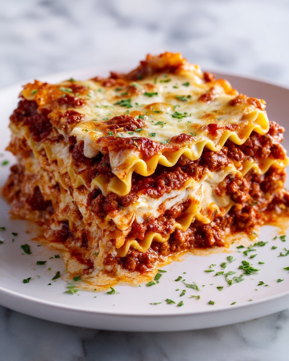 A close-up of a square piece of lasagna on a white plate, showing multiple layers of wavy pasta sheets that are golden-brown on the edges, rich red meat sauce in between each layer, and creamy melted cheese topping with a slightly browned, bubbly texture. Small green herb sprinkles are on top and around the plate, adding a fresh touch. The plate sits on a white marbled surface with a soft blurred background. photo taken with an iphone --ar 4:5 --v 7