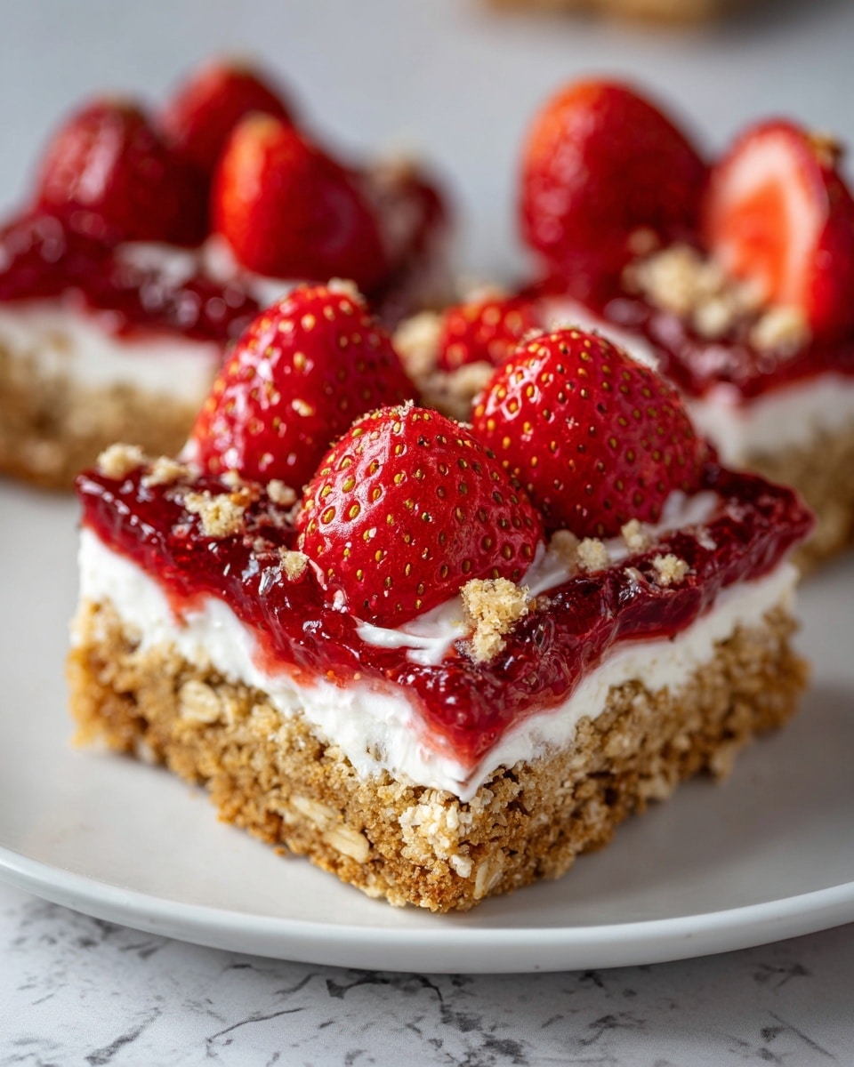 A close-up of a square oat bar at the bottom, golden brown and crumbly with a rough texture. On top of it, there is a thick layer of bright red berry jam with visible seeds and a glossy look. Above the jam, a smooth white cream layer is spread evenly. On the cream, several halved fresh strawberries with a shiny red surface are placed, some with small crumbs sprinkled over them. All this is served on a round white plate, set on a white marbled texture surface. photo taken with an iphone --ar 4:5 --v 7