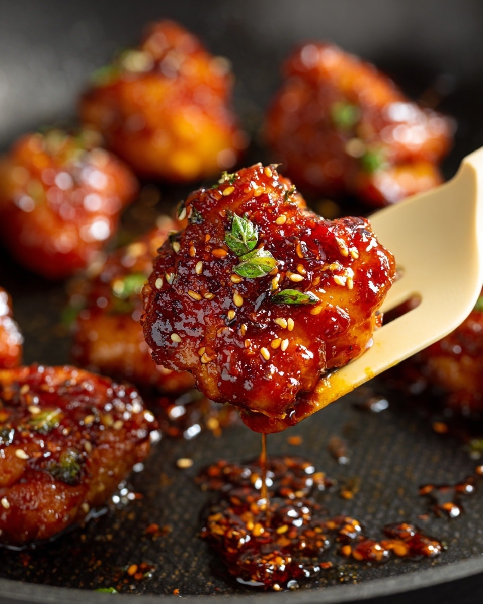 A close-up view of a piece of chicken coated in a thick, shiny reddish-brown glaze with visible sesame seeds and small green herb leaves on top, held by a beige spatula in a black frying pan with a textured surface. The chicken has a slightly charred, crispy texture with glossy sauce dripping from the bottom edge, showing bits of garlic or nuts also covered in the sauce. In the background, slightly blurred, there are more pieces of similarly glazed chicken inside the pan. Photo taken with an iphone --ar 4:5 --v 7