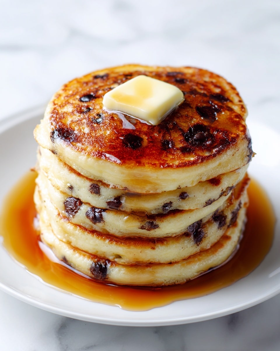 A stack of four thick, fluffy pancakes with golden brown tops and slightly crisp edges, each layer showing bits of dark chocolate chips inside. The top pancake has a smooth dollop of melting butter in the center, and the stack is surrounded by a pool of amber syrup that glistens on the white plate. The plate rests on a white marbled surface, and the pancakes look soft and warm with a slight shine from the syrup. photo taken with an iphone --ar 4:5 --v 7