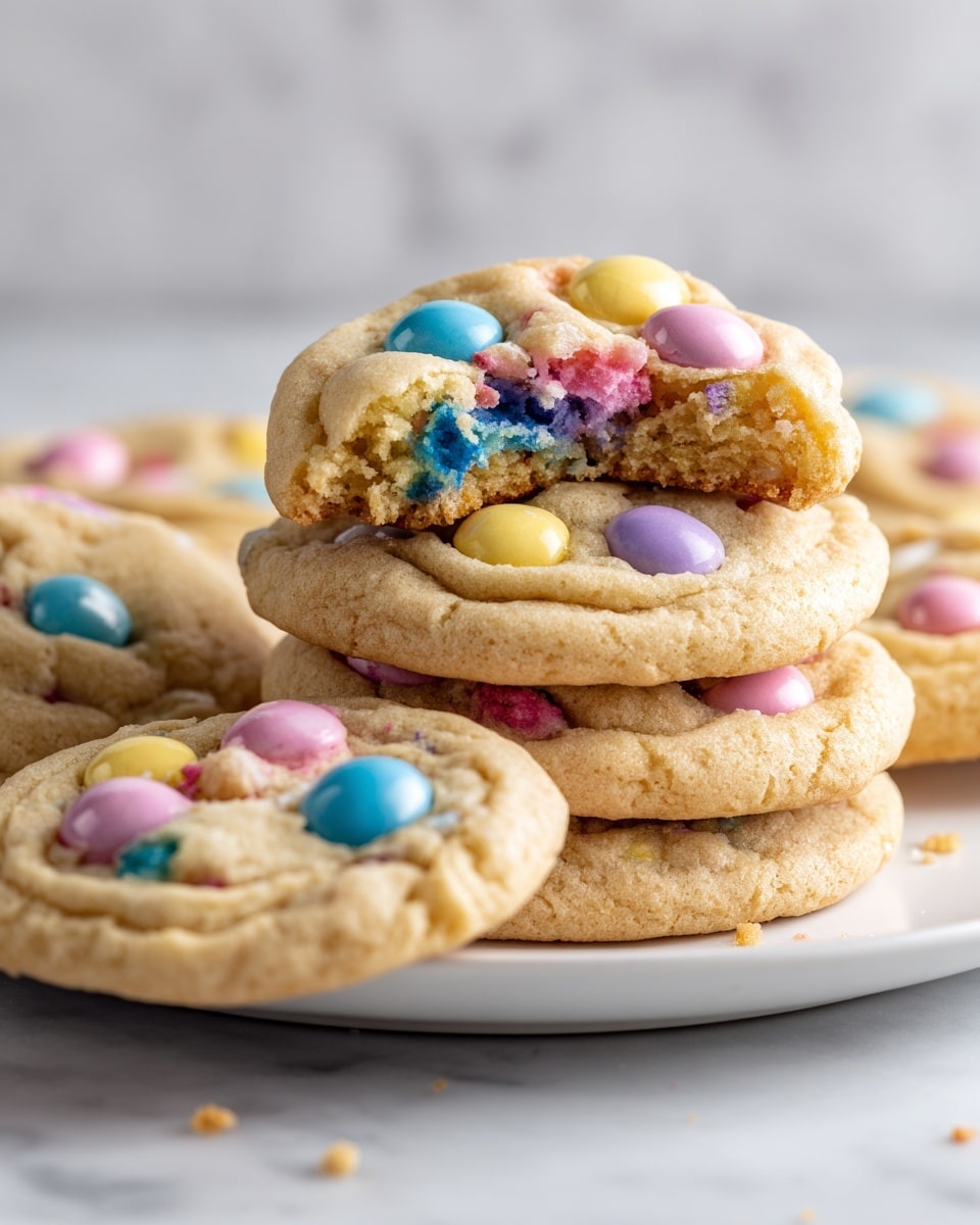 A white plate holds a stack of soft, thick cookies with a light golden color, each cookie topped and filled with colorful round candy pieces in pastel shades of pink, blue, yellow, and purple. One cookie is broken to show a chewy, slightly crumbly inside with vibrant blue and pink candy melting into the dough. The cookies have a smooth, slightly bumpy surface with shiny candy spots scattered on top. The background is a white marbled texture. Photo taken with an iphone --ar 4:5 --v 7