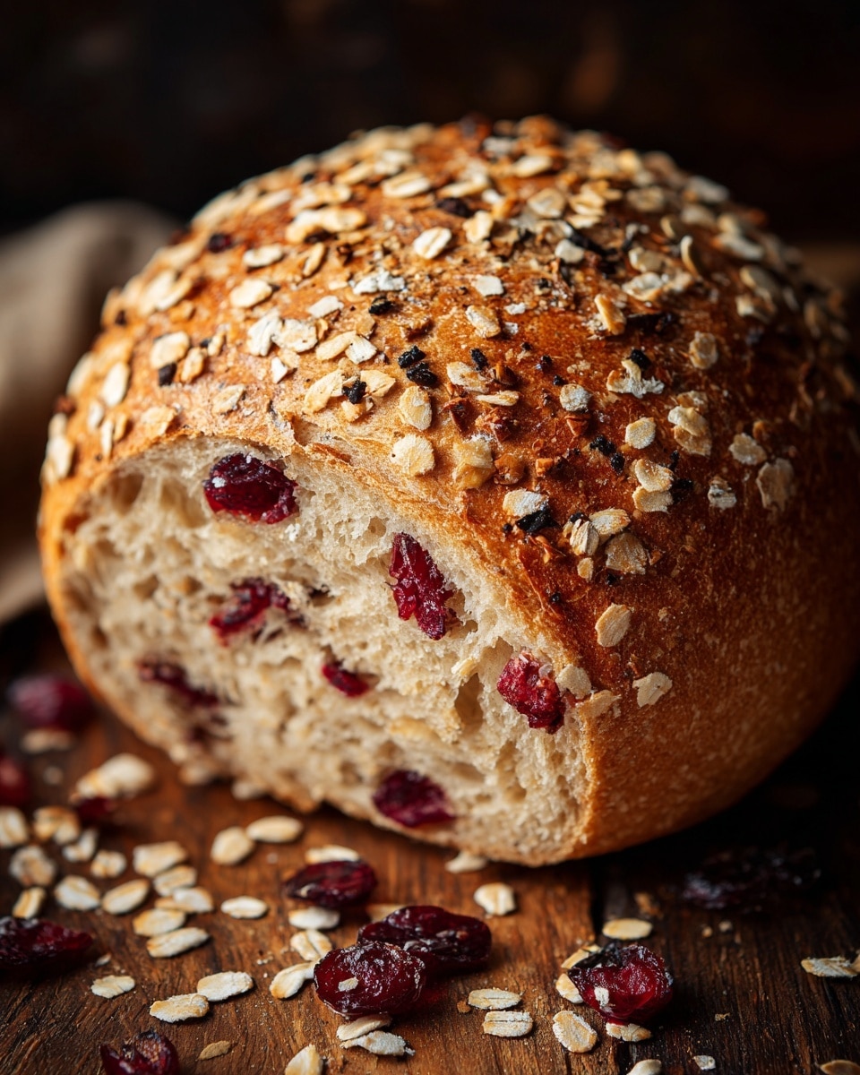 A close-up image of a round loaf of loaf bread with a golden-brown crust, covered with oats, sunflower seeds, and dried cranberries. The bread is cut to show one side, revealing a soft, airy inside with small pieces of cranberries spread throughout. The loaf sits on a wooden board with a few dried cranberries scattered around. The background is a white marbled texture. Photo taken with an iphone --ar 4:5 --v 7