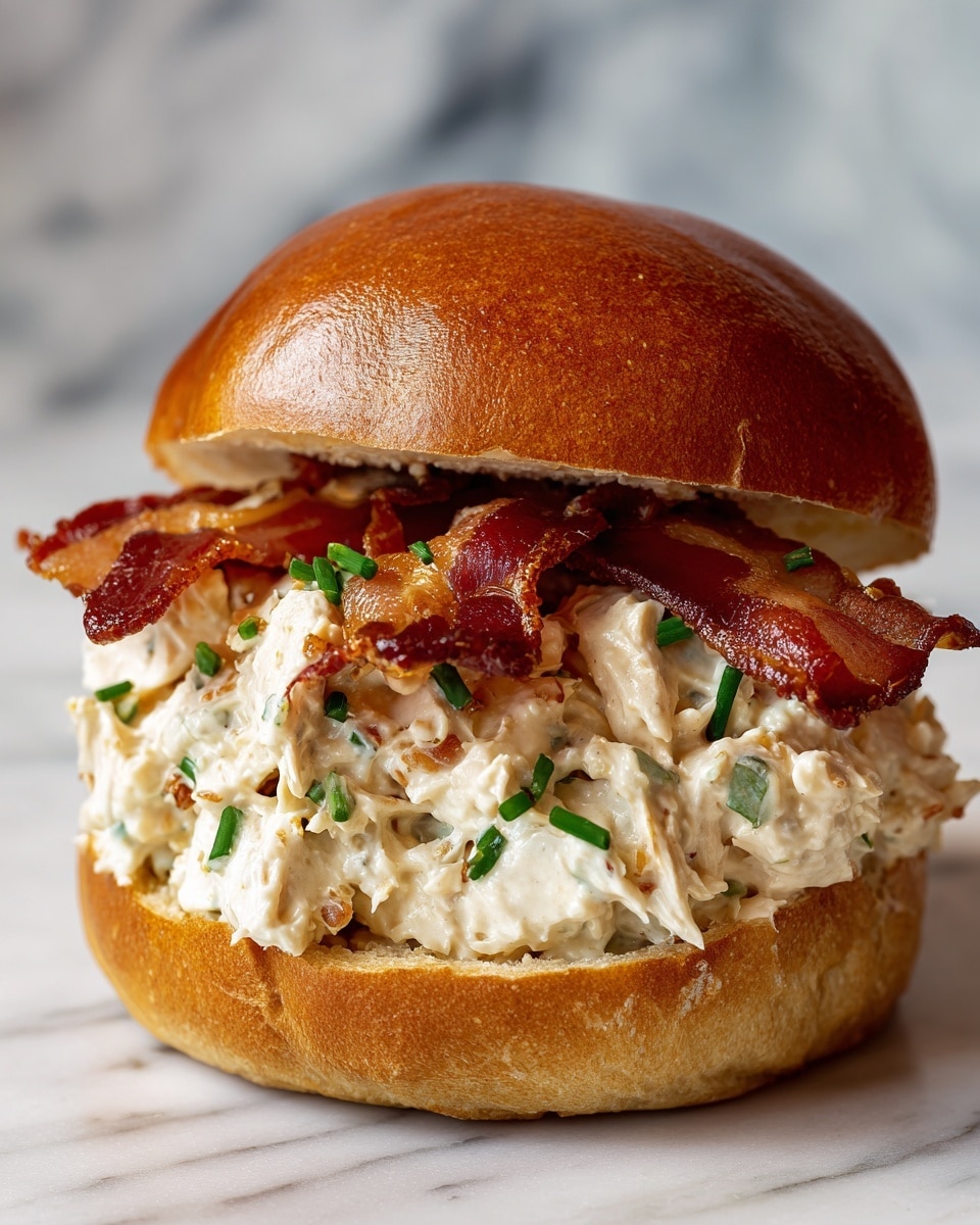 A close-up of a sandwich showing a soft, glossy brown bun on top and bottom. Inside, there is a thick layer of creamy white chicken salad with visible small bits of chicken. On top of the chicken salad, there are several crispy bacon strips with a reddish-brown color. Small green chives are sprinkled on the chicken salad, adding a touch of color. The background has a white marbled texture. photo taken with an iphone --ar 4:5 --v 7