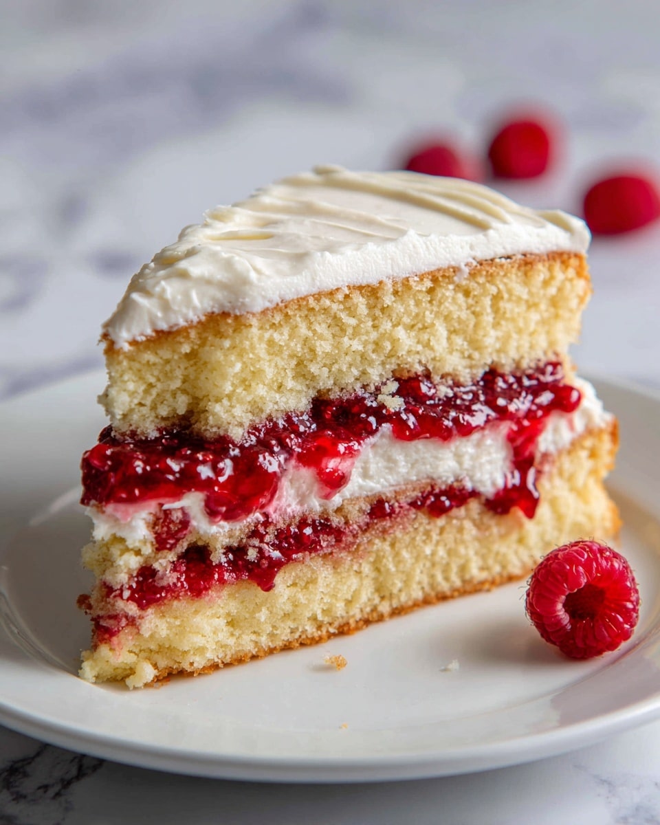 The image shows a slice of two-layer yellow sponge cake with a thick layer of bright red berry jam and cream filling between the layers. The top of the cake has a smooth, white frosting spread evenly. The cake looks moist with a soft crumb texture, and there is a small raspberry placed beside the slice on a white plate. The background is a white marbled surface, creating a clean and bright setting. Photo taken with an iphone --ar 4:5 --v 7