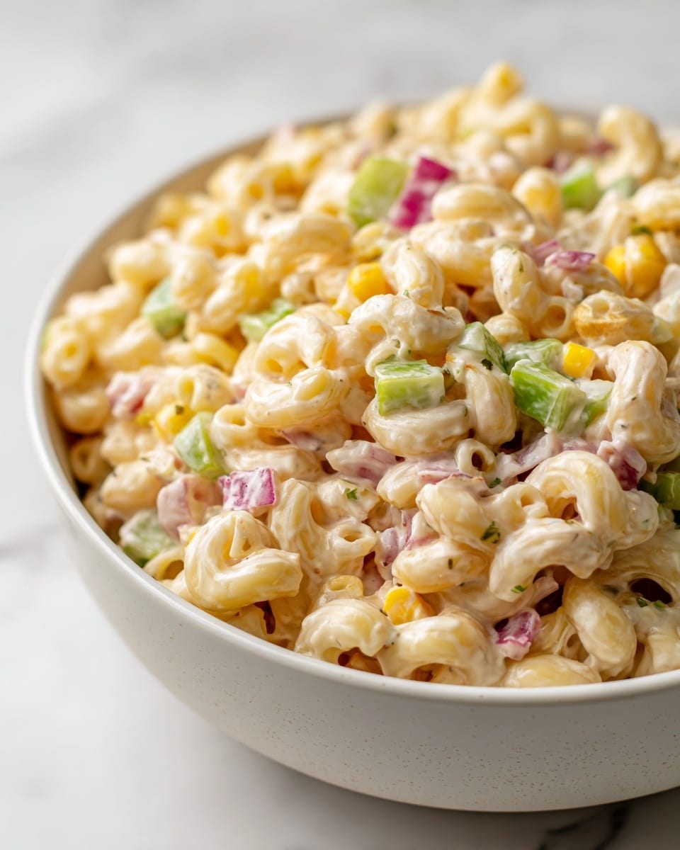 A close-up image of a bowl filled with creamy pasta salad made with elbow macaroni. The salad has multiple layers of color and texture: pale yellow pasta coated in a white creamy sauce, small pieces of green celery, bits of red onion, and some yellow corn kernels mixed throughout. The ingredients look fresh and are evenly spread in a white bowl resting on a white marbled surface, with warm natural light highlighting the textures and colors. Photo taken with an iphone --ar 4:5 --v 7