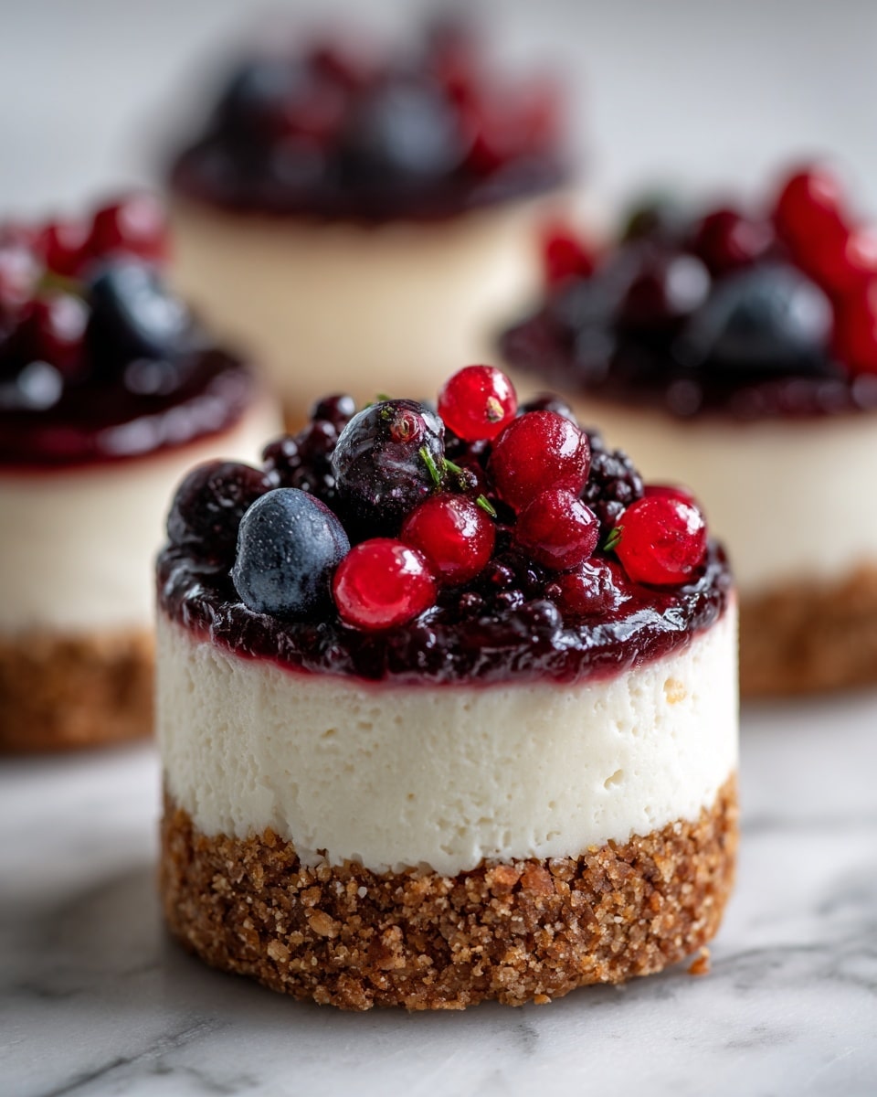 The image shows small cheesecake cups with three layers on a white marbled surface. The bottom layer is a crumbly, light brown crust. The middle layer is a smooth, creamy white cheesecake. The top layer is a mix of bright red and dark purple berries, giving a fresh and juicy look. One cheesecake is in the center, with two more slightly blurred in the background. The lighting highlights the shiny berry topping and creamy texture of the cheesecake. photo taken with an iphone --ar 4:5 --v 7
