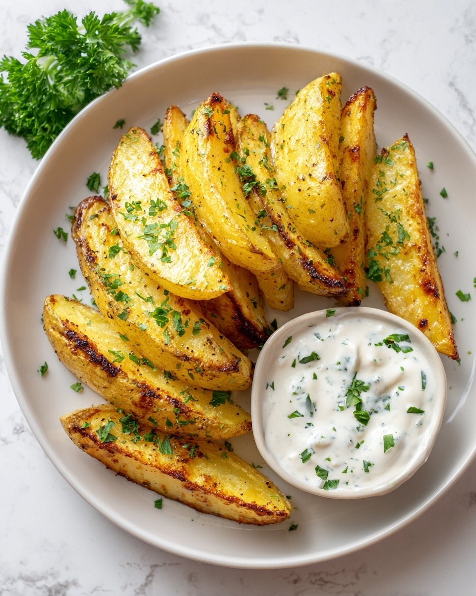 The image shows a round white plate holding a stack of golden-yellow potato wedges, some with crispy browned edges, sprinkled lightly with green chopped herbs. On the right side of the wedges is a dollop of thick white sauce garnished with more green herbs. The plate sits on a white marbled surface with a small bunch of fresh green parsley in the top left corner. Photo taken with an iphone --ar 4:5 --v 7