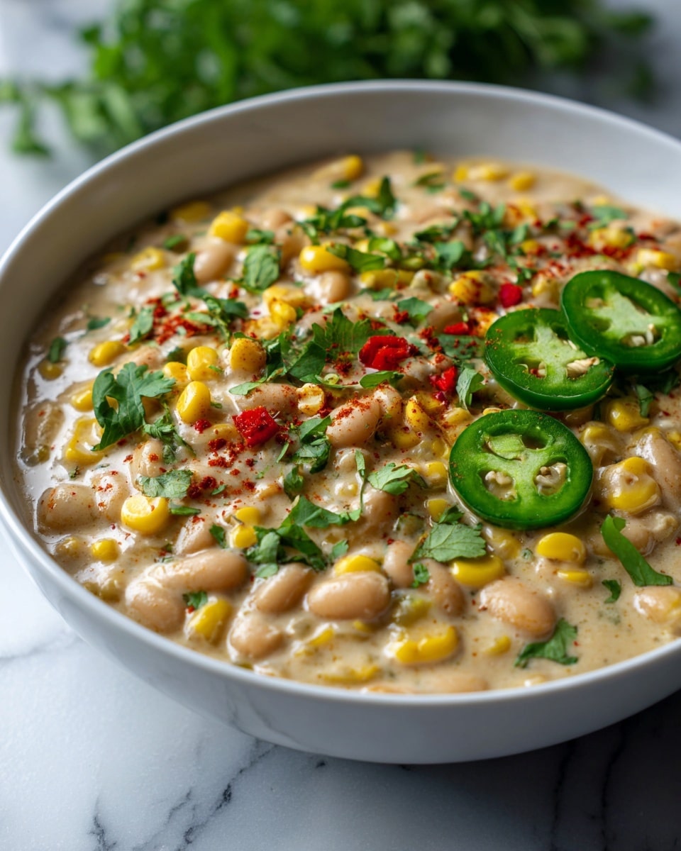 A close-up view of a white bowl filled with creamy mixed beans and corn. The dish has a thick white sauce base with yellow corn kernels and light beige beans spread evenly throughout. On top, there are slices of green jalapeño, chopped red bell peppers, and small green cilantro leaves scattered for garnish. A light sprinkle of red chili powder or paprika adds a touch of color on the creamy surface. The bowl is placed on a white marbled surface with some blurred green herbs in the background. photo taken with an iphone --ar 4:5 --v 7