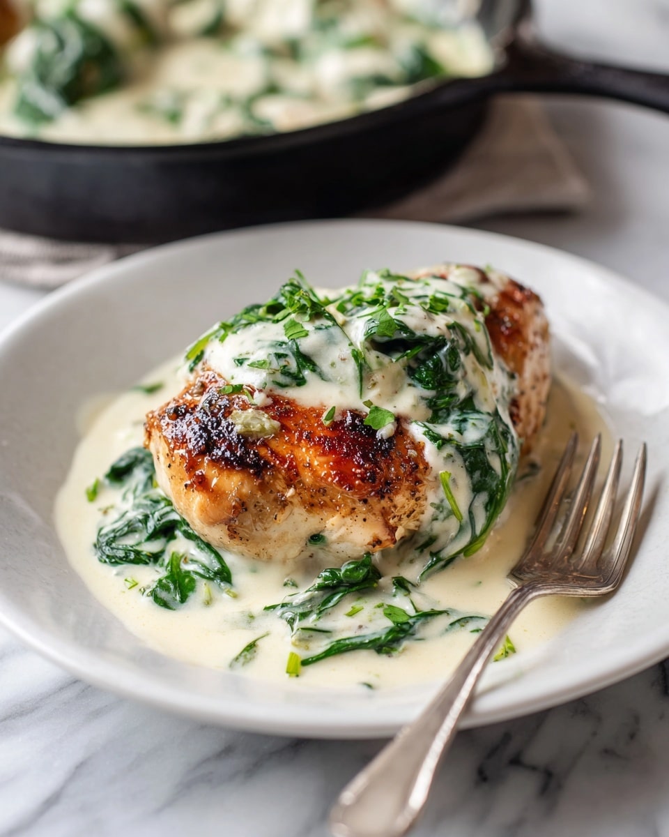 A white plate holds a cooked chicken breast with a golden brown, slightly charred top layer. On top of the chicken is a creamy white sauce with visible green spinach leaves, some partially submerged in the sauce, giving a smooth and soft texture. The sauce drips gently over the sides of the chicken, pooling slightly on the plate. A silver fork rests on the plate, positioned to the right of the chicken. The background shows a black skillet filled with similar creamy spinach sauce, all placed on a white marbled surface. Photo taken with an iphone --ar 4:5 --v 7