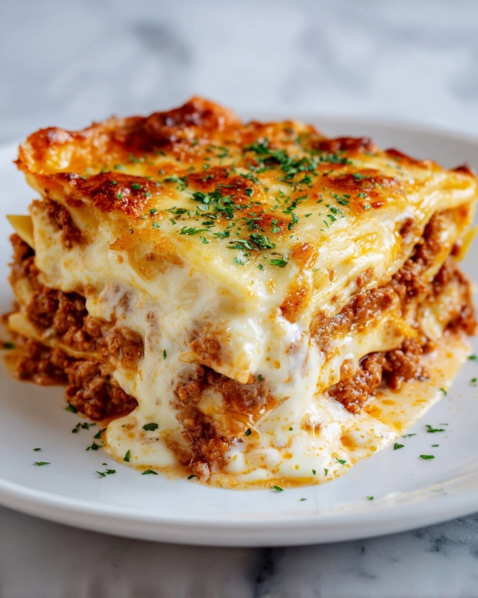 A close-up image of a thick slice of lasagna on a white plate, showing multiple layers: at the bottom, a layer of thick pinkish ground meat, above it a soft white creamy sauce oozing down the sides, followed by a layer of flat wide pasta, then melted cheese with a golden brown crunchy topping sprinkled with herbs. The textures vary from smooth creamy sauce to rough crispy cheese. The background is a white marbled surface. Photo taken with an iphone --ar 4:5 --v 7