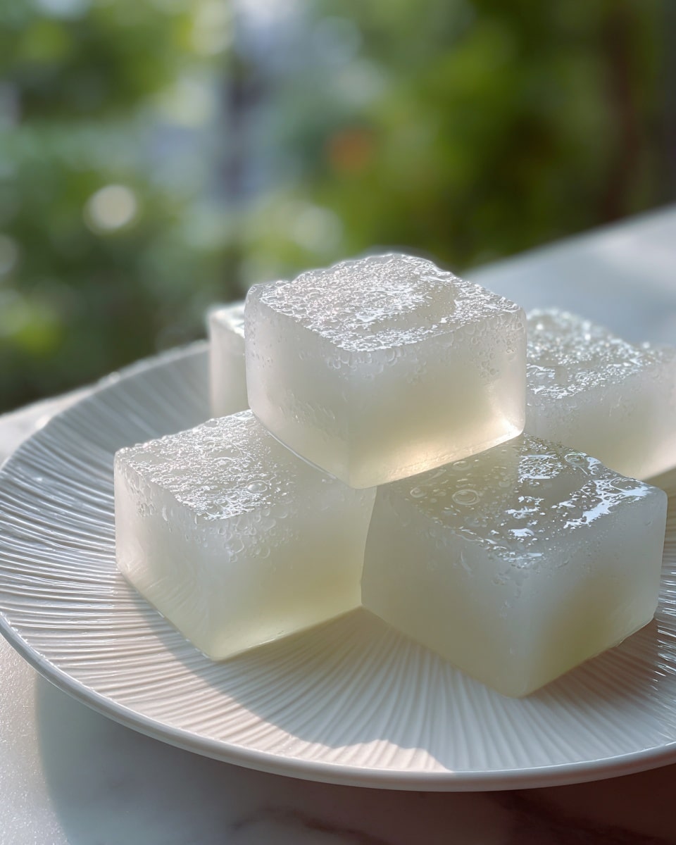 A close-up of several square pieces of soft, translucent white jelly arranged neatly on a white plate with subtle ribbed texture, each piece showing a slightly shiny and smooth surface with tiny bubbles inside, layered and consistent in size, placed on a white marbled textured table near a window with green blurred background. photo taken with an iphone --ar 4:5 --v 7