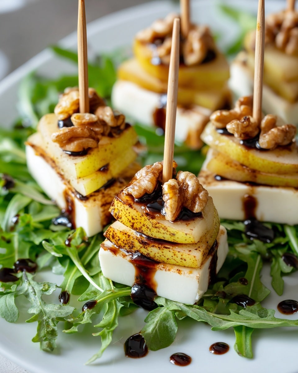 The image shows several skewers arranged on a white plate over a bed of fresh green arugula leaves with jagged edges. Each skewer has three layers: a half of a yellowish pear with speckled skin on the bottom, a thick square of creamy white cheese in the middle, and a cluster of walnut pieces on top. The layers are drizzled with thick dark balsamic glaze, adding a shiny texture and contrast. The skewers are wooden and neatly lined up, with small drops of the glaze scattered on the arugula and plate. photo taken with an iphone --ar 4:5 --v 7