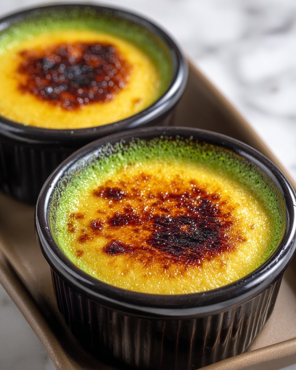 Two small black ramekins hold a dessert with two visible layers. The top layer is a golden-brown caramelized sugar crust, shiny and slightly bubbly with dark brown burnt spots. Below this is a smooth yellow custard layer. Around the edges inside the ramekin, a thin green layer with a slightly frothy texture appears, adding a hint of color contrast between the custard and the black ramekin. The ramekins sit on a tray that is placed on a white marbled surface. photo taken with an iphone --ar 4:5 --v 7