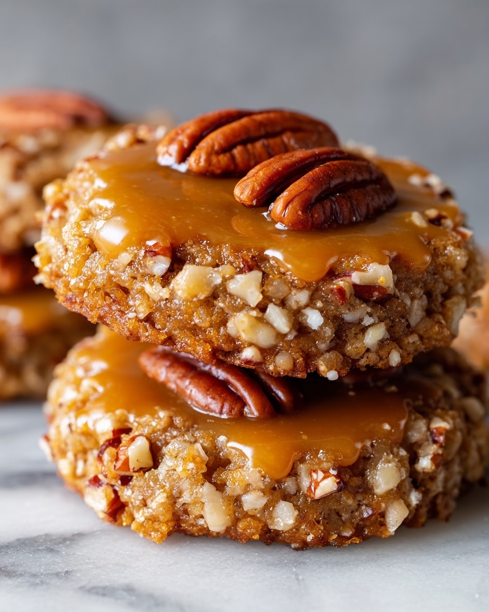 A close-up view of two stacked cookies on a white marbled surface, each cookie rounded and textured with chopped nuts embedded in a golden, glossy caramel layer. The top cookie is decorated with three half pecans, arranged in a small cluster at the center, highlighting the gooey caramel shine. The edges show a rough, nutty crust with a mix of lighter and darker brown pieces, giving the cookies a crunchy appearance. The background is blurred gray, focusing attention on the rich texture and color of the cookies. photo taken with an iphone --ar 4:5 --v 7