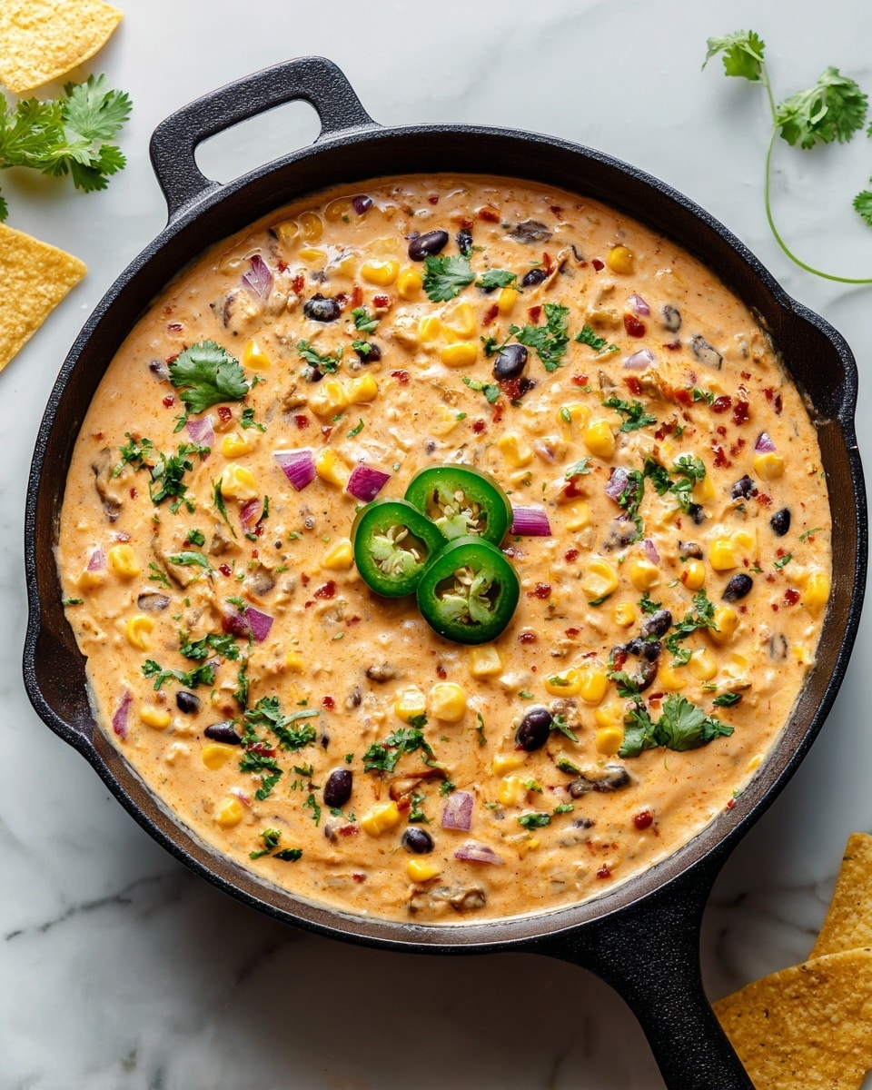 A creamy dip spread evenly in a black cast iron skillet, showing a light orange base mixed with tiny red and white bits. Scattered on top are bright yellow corn kernels, shiny black beans, and small pieces of purple onion. Fresh green cilantro leaves are sprinkled across the surface, along with four thin green jalapeño slices near the center. The dip texture looks smooth with chunks, sitting on a white marbled background. Photo taken with an iphone --ar 4:5 --v 7