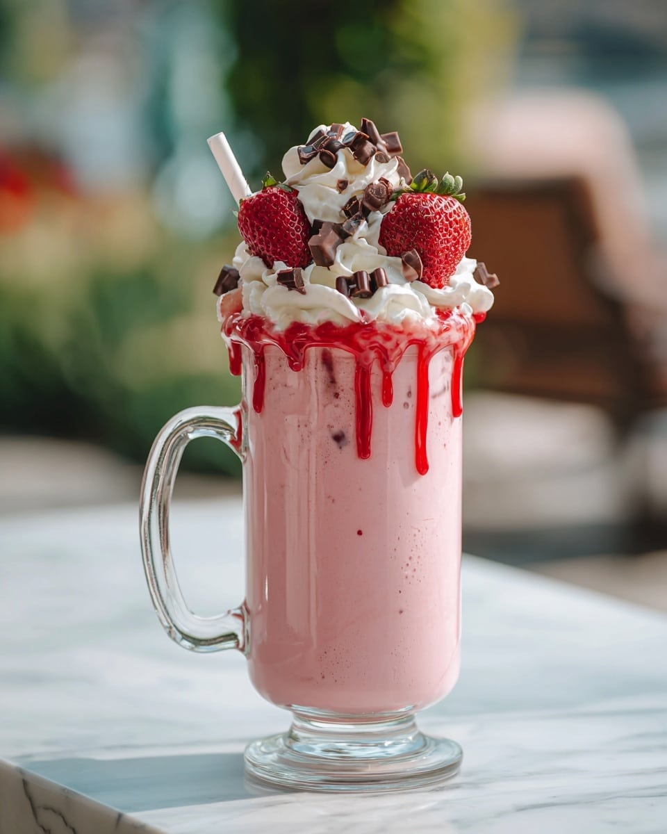 A tall clear glass mug filled with a pink strawberry milkshake showing a smooth, creamy texture. The top layer is a large swirl of white whipped cream, topped with a dripping red strawberry syrup that cascades down the sides of the mug. There are several whole strawberries embedded on top, along with small dark chocolate pieces scattered over the whipped cream. A white straw sticks out from the whipped cream near the back. The mug sits on a white marbled surface, and in the blurred background, some green and brown shapes suggest an outdoor scene. A woman's hand gently holds the handle on the right side of the mug. photo taken with an iphone --ar 4:5 --v 7