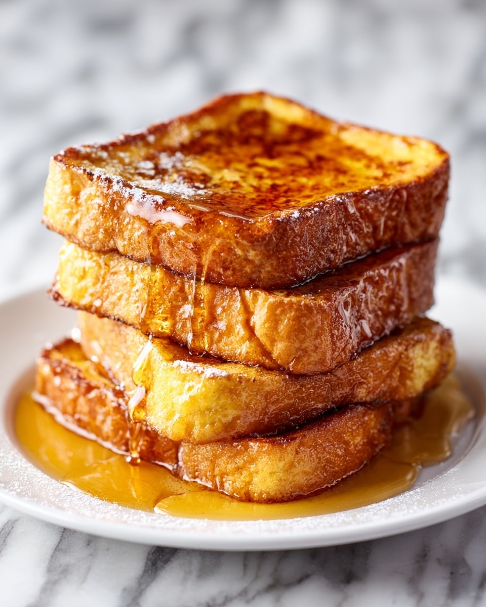 The image shows a tall stack of three thick slices of golden brown French toast on a white plate. The French toast has a slightly crispy texture on the edges and soft inside. The top slice is covered in syrup that glistens and slowly drips down the sides, pooling on the plate. The background is a white marbled surface with blurred elements, making the toast the main focus. The stack looks warm and inviting with layers clearly visible and syrup adding a shiny, wet look. Photo taken with an iphone --ar 4:5 --v 7