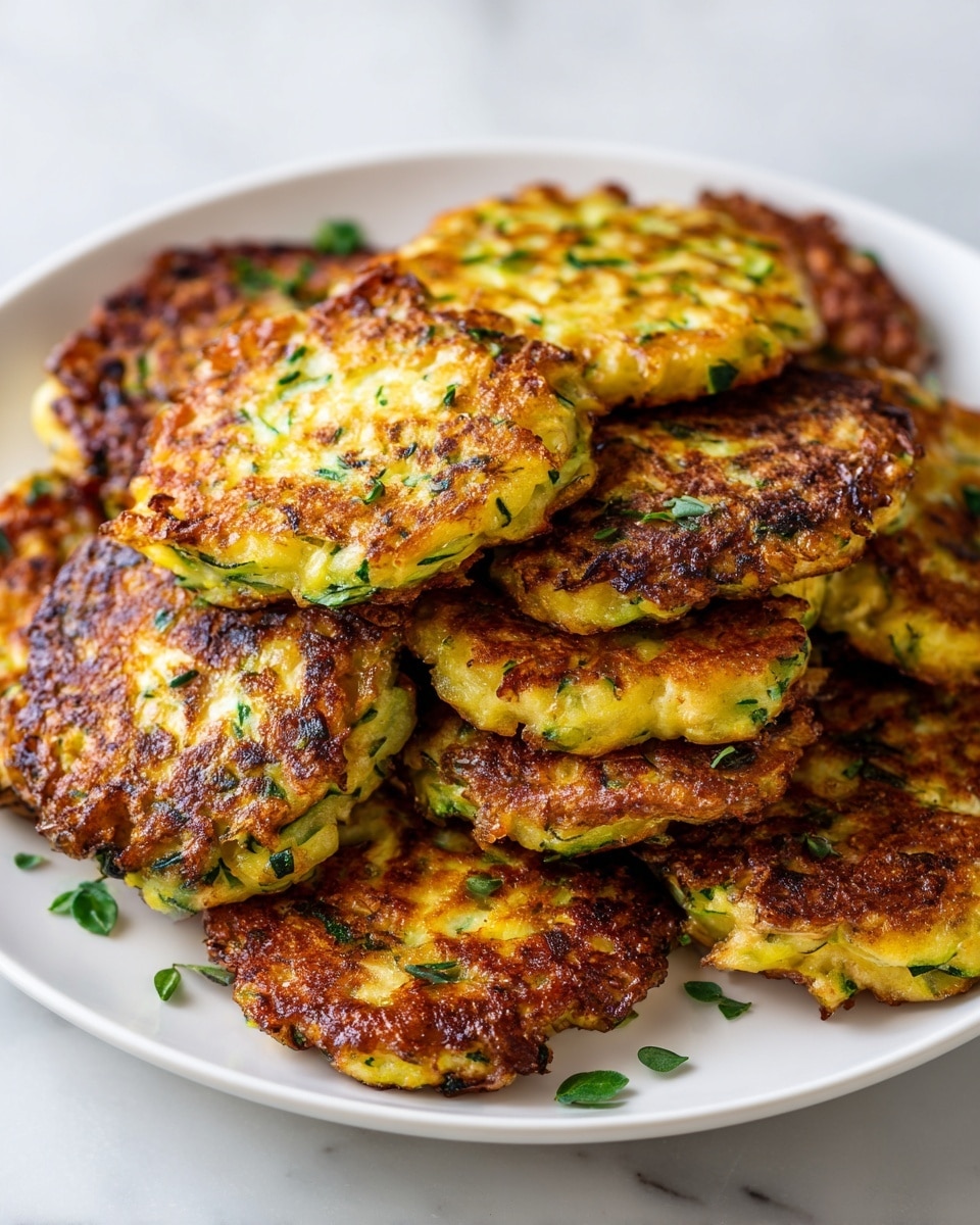 A white plate filled with several golden brown zucchini fritters, each fritter showing a crispy, slightly uneven texture with visible green pieces of zucchini and herbs inside. The fritters are stacked in a casual pile, with some fritters on top of others, showing a mix of lighter yellow and darker browned edges. Small green herb leaves are scattered on and around the fritters for garnish. The white marbled surface beneath the plate adds a clean and bright background. Photo taken with an iphone --ar 4:5 --v 7