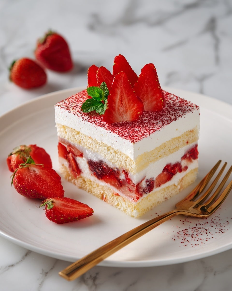 A square piece of layered dessert sits on a white plate on a white marbled surface, consisting of three visible layers: the bottom layer is a light yellow sponge cake soaked in liquid, the middle layer is white cream mixed with pieces of red strawberries and a layer of red jelly or jam, and the top layer is smooth white cream dusted with fine red powder and garnished with fresh red strawberry slices and a small green mint leaf. Near the slice are whole and sliced strawberries, and a gold fork is placed on the plate next to the dessert. Photo taken with an iphone --ar 4:5 --v 7