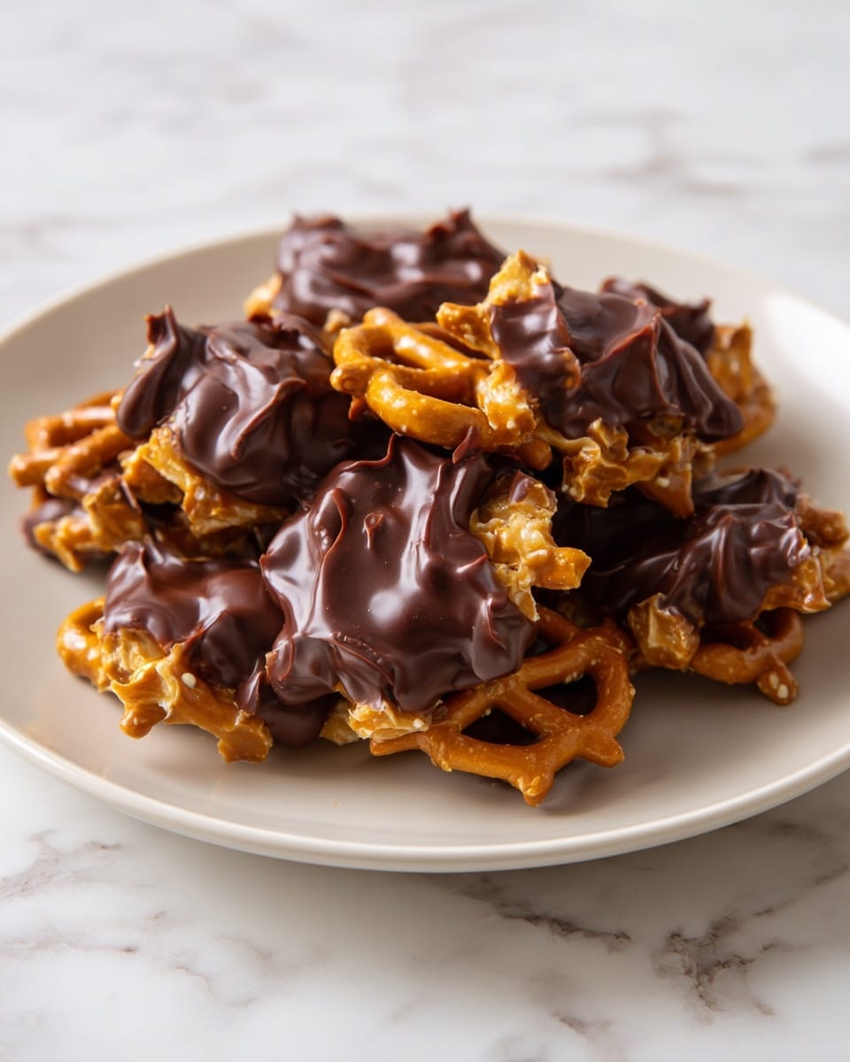 The image shows a white plate filled with multiple clusters of pretzels covered in a mix of light caramel and dark chocolate. Each cluster has a visible layer of shiny caramel coating the crunchy pretzels at the base, topped with a thick layer of glossy dark chocolate that partially covers the caramel and pretzels. The pretzels are twisted with a crunchy texture, and the caramel layer looks gooey and sticky, while the dark chocolate adds a smooth and rich texture on top. The plate is set against a white marbled surface. Photo taken with an iphone --ar 4:5 --v 7