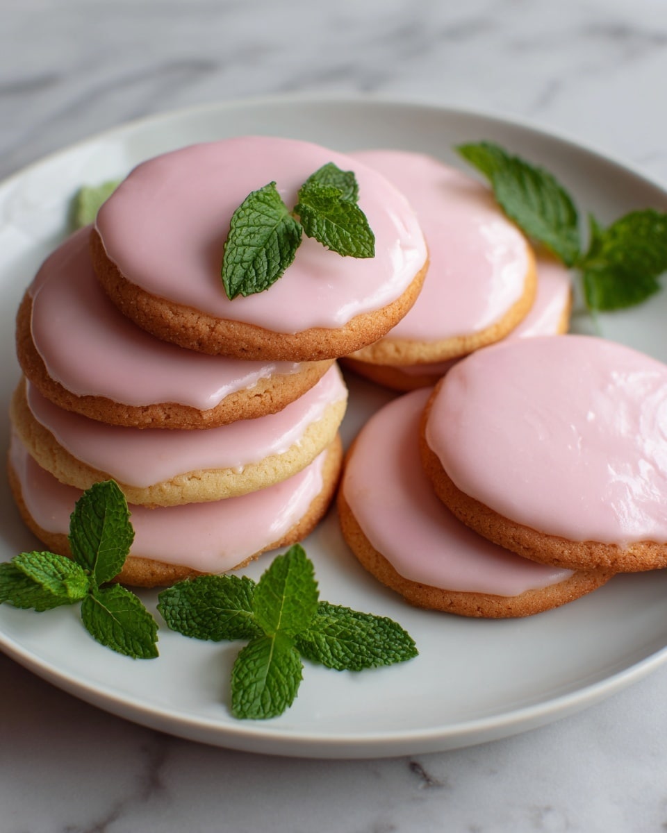 A white plate is filled with round cookies, each topped with a thick layer of smooth, light pink icing that covers the top completely and slightly drips down the sides. The cookies have a golden-brown base with a soft, slightly crumbly texture visible around the edges. Small green mint leaves are placed around and on top of the cookies, adding a fresh contrast to the pink icing and golden cookies. The background is a white marbled surface, giving a clean and bright look to the scene. Photo taken with an iphone --ar 4:5 --v 7