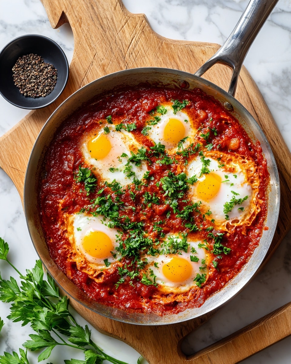 A close-up top view of a metal pan filled with shakshuka, showing a thick red tomato sauce base with visible pieces of cooked tomatoes and spices, four baked eggs with bright white edges and golden yellow runny yolks evenly placed across the pan, generously sprinkled with chopped fresh green parsley on top, giving a fresh color contrast; the pan sits on a round wooden board on a white marbled surface, next to a bunch of fresh parsley and a small black bowl with cracked black pepper. Photo taken with an iphone --ar 4:5 --v 7