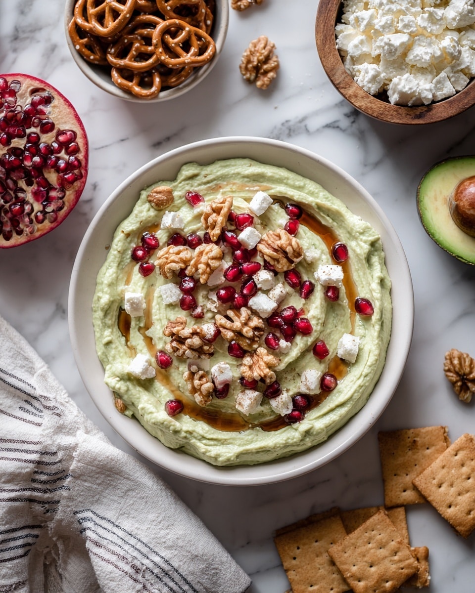 The image shows a white plate with a thick, creamy green spread as the first layer, evenly covering the surface. On top of this, there are small pieces of white crumbly cheese scattered around, dark brown toasted walnuts placed more in the middle, bright red pomegranate seeds sprinkled throughout, and a dark brown balsamic glaze drizzled over everything in thin lines. The plate is on a white marbled surface, surrounded by a beige and blue striped cloth, a bowl of white crumbly cheese, whole and halved dark brown avocados, and a cut pomegranate showing bright red seeds. Photo taken with an iphone --ar 4:5 --v 7