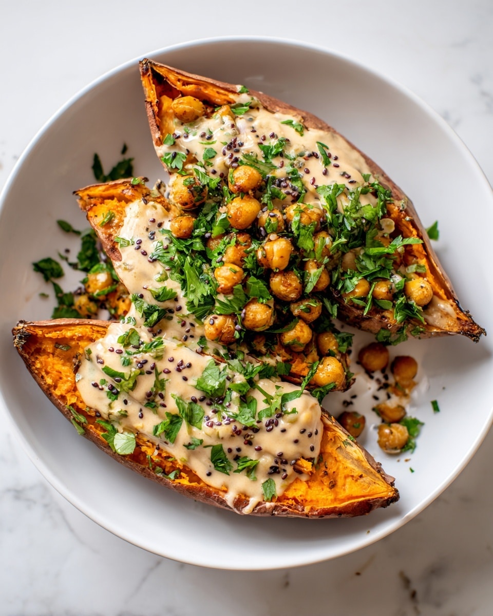 Two halves of roasted sweet potato with a bright orange, soft texture sit side by side on a white plate with a clean edge. One half is topped with a mound of shiny, golden chickpeas mixed with fresh, chopped deep green herbs, while the other half has a smooth layer of creamy beige sauce sprinkled with small black seeds, and some chopped green herbs scattered around. The plate rests on a white marbled surface. photo taken with an iphone --ar 4:5 --v 7