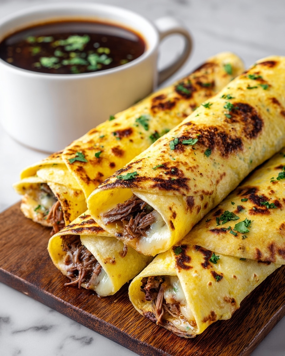 Four rolled tacos are stacked closely on a wooden board with a white marbled texture background. Each taco has a golden-brown, slightly charred outer layer that looks crispy. Inside, there is a thick layer of melted white cheese topped with shredded, dark brown meat. Small green herb leaves are sprinkled on top of the tacos and around the board. In the background, a white cup holds a dark red sauce also garnished with some green herbs. Photo taken with an iphone --ar 4:5 --v 7