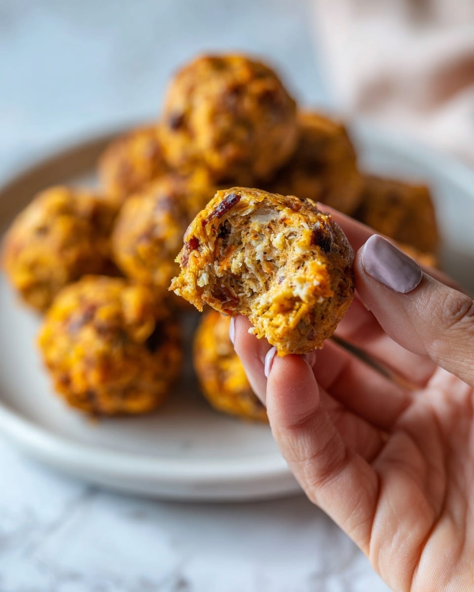A close-up of a woman's hand holding a small, round, golden-brown bite-sized snack with a chewy texture and bits of cheese and seasoning visible inside. The snack looks soft and slightly crumbly with an uneven surface and melted cheese on the edges. In the blurred background, there is a white plate with more of these snacks stacked together on a white marbled surface. Photo taken with an iphone --ar 4:5 --v 7