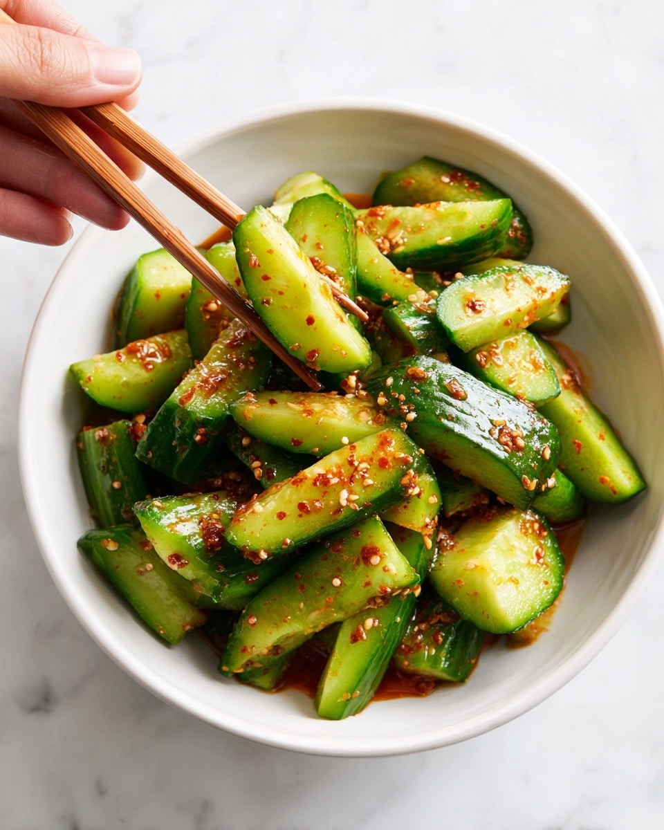 A white bowl filled with slices of bright green cucumber coated in a spicy reddish-orange sauce with visible seeds and bits of garlic, giving a glossy and textured look. Two slices of cucumber are lifted above the bowl by a pair of light brown chopsticks held by a woman's hand, showing their thin, curved shape and glistening coating. The bowl sits on a white marbled surface with a soft, blurred light blue and white background. photo taken with an iphone --ar 4:5 --v 7