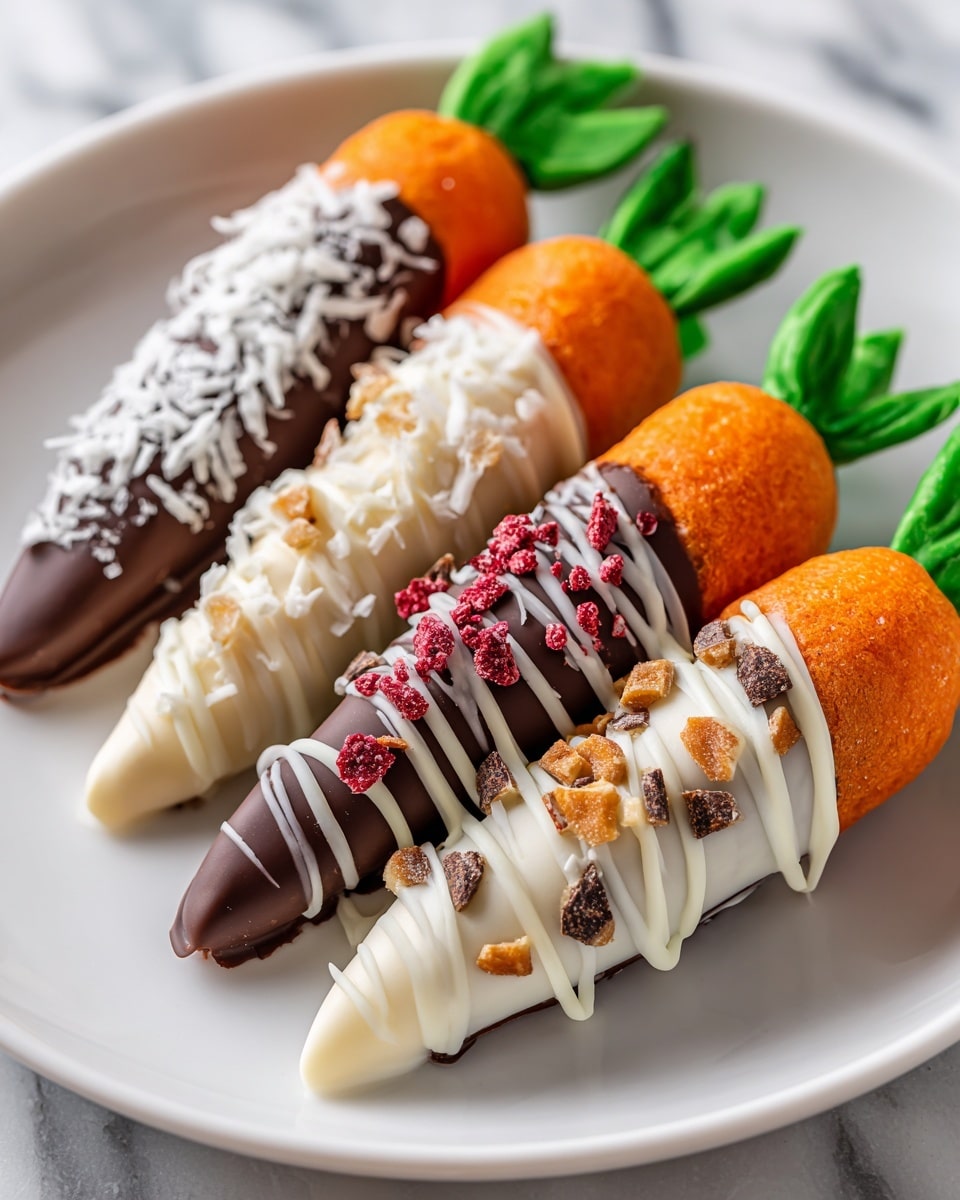 The image shows a white plate with five carrot-shaped treats placed side by side. Each treat has an orange carrot-shaped base with green leaves at the top. Three of the carrots are mostly covered in smooth, dark chocolate with three topped with white chocolate drizzle, one with shredded coconut flakes, one with small red berry pieces, and the third with a mix of small chocolate bits. The other two carrots have white chocolate drizzles directly on the orange carrot base, giving a shiny and smooth texture. The plate is on a white marbled surface. The photo is captured with shallow depth, making the front carrots sharp and the back slightly blurred. photo taken with an iphone --ar 4:5 --v 7