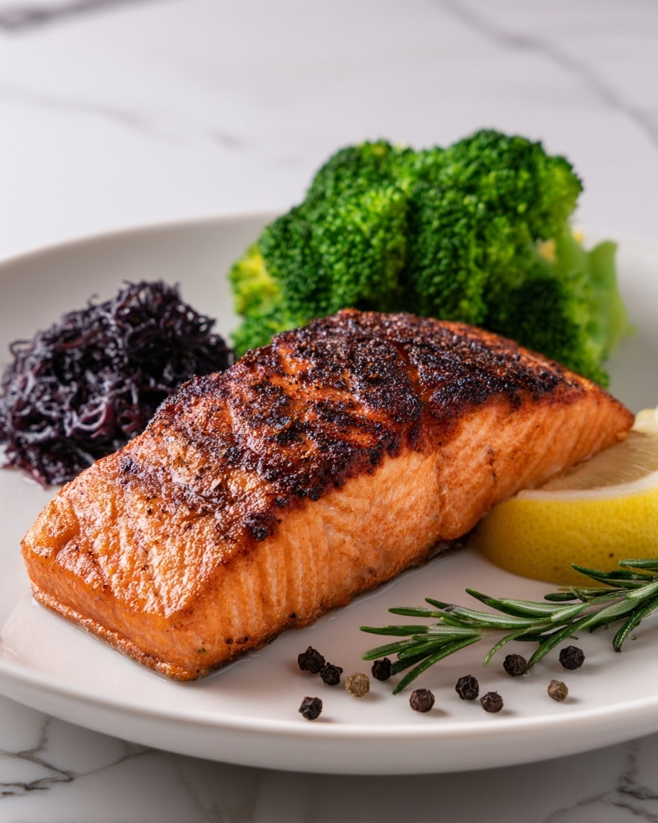 The dish shows a thick, grilled salmon fillet with a rich orange-pink color and a dark, crispy brown crust on top, sitting as the main layer in the center of a white plate. Behind the salmon, there is a layer of bright green broccoli florets arranged in a small bunch. To the left side of the broccoli, there is a small pile of dark purple seaweed with a glossy, wet texture. On the right side, a yellow lemon wedge is placed next to the salmon, adding a fresh contrast. The plate is garnished with small black peppercorns and a sprig of green rosemary placed near the bottom right edge, set on a white marbled surface. photo taken with an iphone --ar 4:5 --v 7