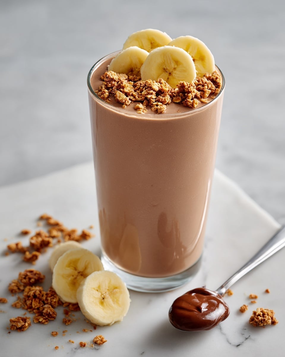 A tall clear glass filled with a smooth, chocolatey brown smoothie sits on a white marbled surface. On top of the smoothie are three round slices of bright yellow banana arranged in the center, sprinkled with light brown crumbled bits that add texture. To the right, two more banana slices are placed directly on the white marbled surface, while a silver spoon below holds a thick, creamy swirl of chocolate spread. Small pieces of the crumb topping are scattered lightly around the base of the glass. Photo taken with an iphone --ar 4:5 --v 7