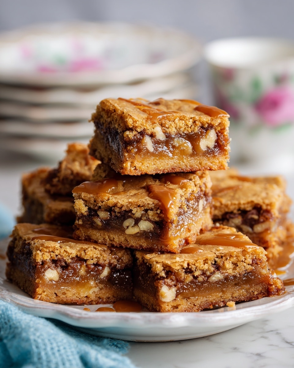 A stack of seven rich, golden brown bars sits on a white plate placed on a white marbled surface, with a layer of slightly cracked crust on top and a dense, gooey middle layer filled with nuts and chocolate chips. Each bar is square-shaped, with a mixture of smooth and chunky textures visible, including walnut pieces scattered on top and embedded inside. The bars have a warm, caramel-like color, with darker nut and chocolate bits adding contrast. A blue cloth is softly draped near the plate’s edge, adding a touch of color to the scene. Photo taken with an iphone --ar 4:5 --v 7
