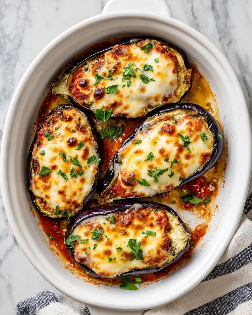 The dish shows four eggplant halves baked in a white oval baking dish, each with three distinct layers: the base layer is dark purple skin with a pale green stem, the middle layer is a red, chunky tomato sauce filling that fills the hollowed-out eggplant, and the top layer is a thick, golden-brown melted cheese browned in spots with a few small green parsley leaves scattered on top as garnish. The white marbled surface underneath the baking dish adds a clean, fresh background. photo taken with an iphone --ar 4:5 --v 7