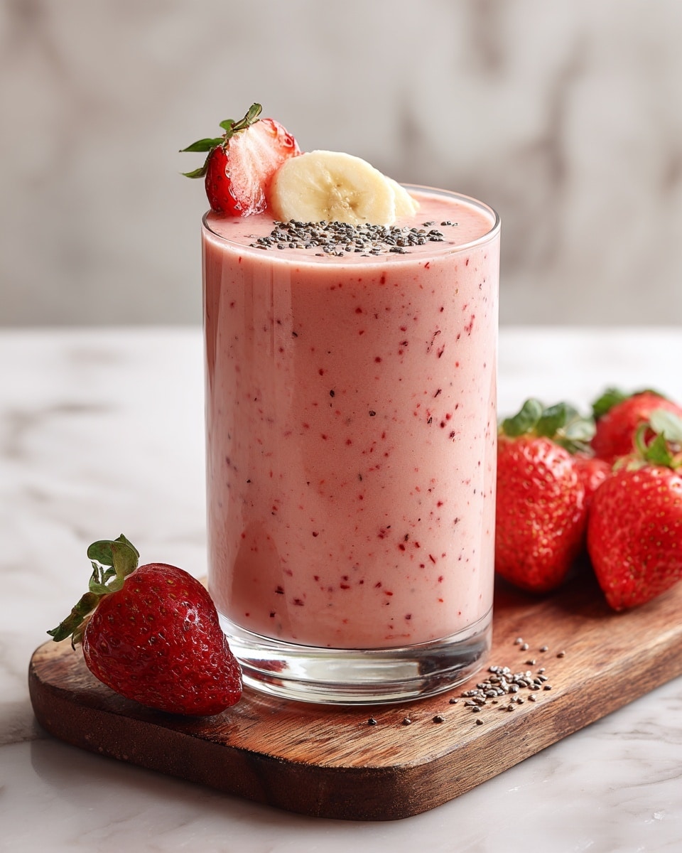 A clear glass filled with a thick, pink smoothie with small red and white specks, topped with one half of a red strawberry with green leaves, two small white banana slices, and sprinkled with black chia seeds. The glass is placed on a wooden board with some blurred strawberries in the background, all set on a white marbled surface. photo taken with an iphone --ar 4:5 --v 7