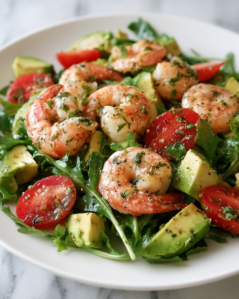 A white bowl with a gold rim holds a shrimp salad with about three main layers: the bottom layer is fresh green arugula leaves with their smooth and slightly ruffled edges, the middle layer consists of chunky bright green avocado pieces with a creamy texture, and the top layer is made up of cooked pink-orange shrimp curled on top, each sprinkled with small chopped green herbs and black pepper. The salad also includes small red tomato pieces and some thin slices of onion scattered around. The whole dish looks fresh and colorful against a white marbled background. photo taken with an iphone --ar 4:5 --v 7
