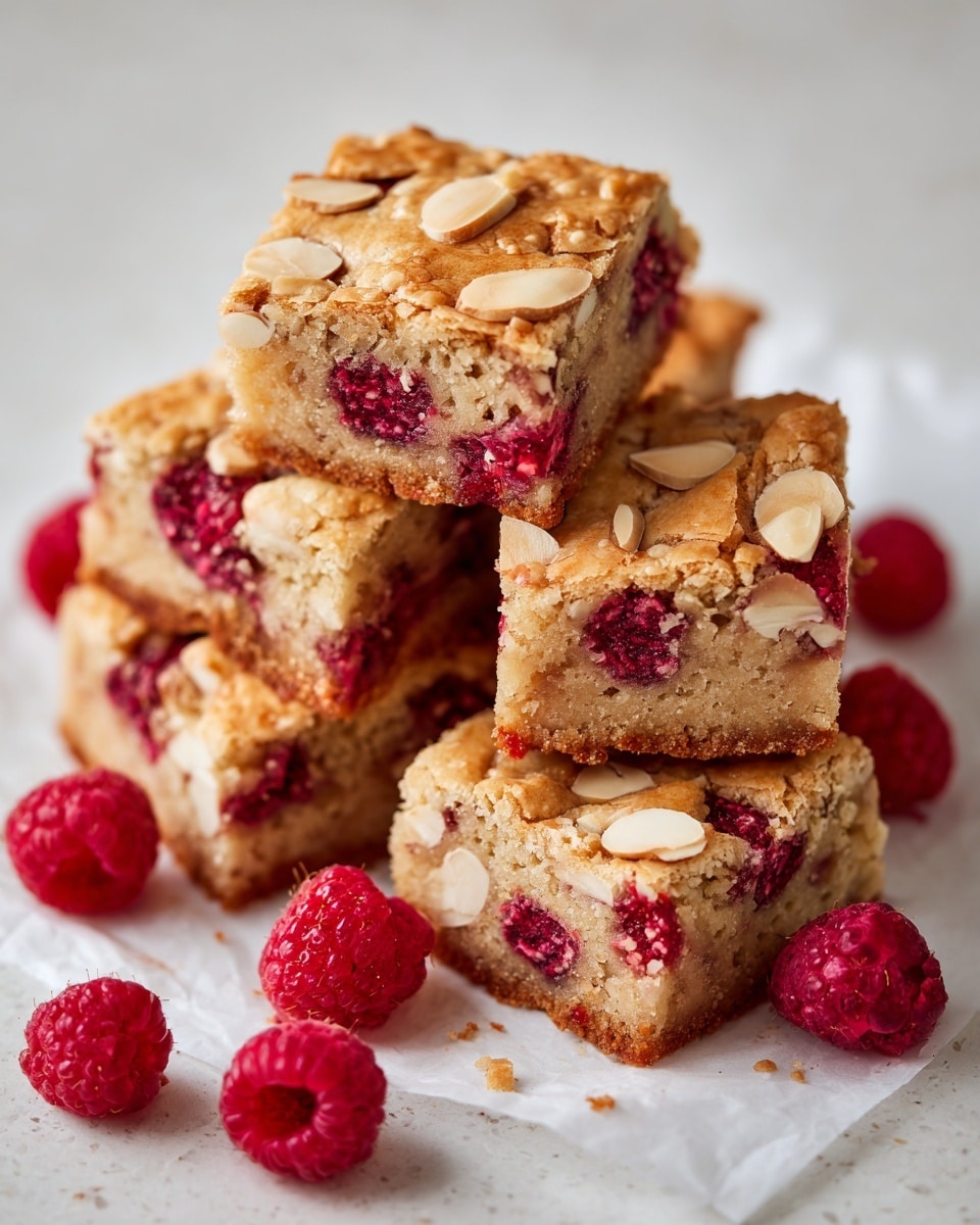 Five square pieces of golden brown blondies topped with bright red raspberries and scattered light brown almond slices are arranged on a white sheet on a white marbled surface. The blondies are thick with a slightly cracked crust showing a soft texture underneath. Fresh red raspberries are placed both on top of the blondies and around them, adding a pop of color to the warm tones of the dessert. photo taken with an iphone --ar 4:5 --v 7