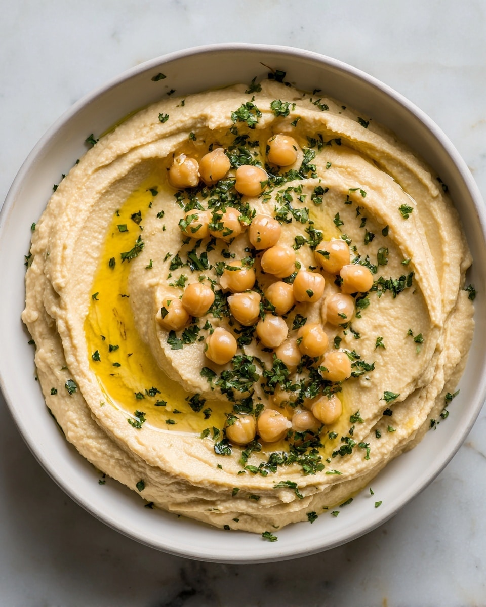 The image shows a bowl of creamy hummus with a smooth, pale beige base layer spread evenly across a white bowl. The hummus surface has a swirl pattern topped with a drizzle of golden olive oil pooling gently in the middle. On top, there are small, round hummus beans scattered along with chopped green herbs, adding color contrast and texture. The background is a white marbled surface, giving a clean and fresh look. photo taken with an iphone --ar 4:5 --v 7