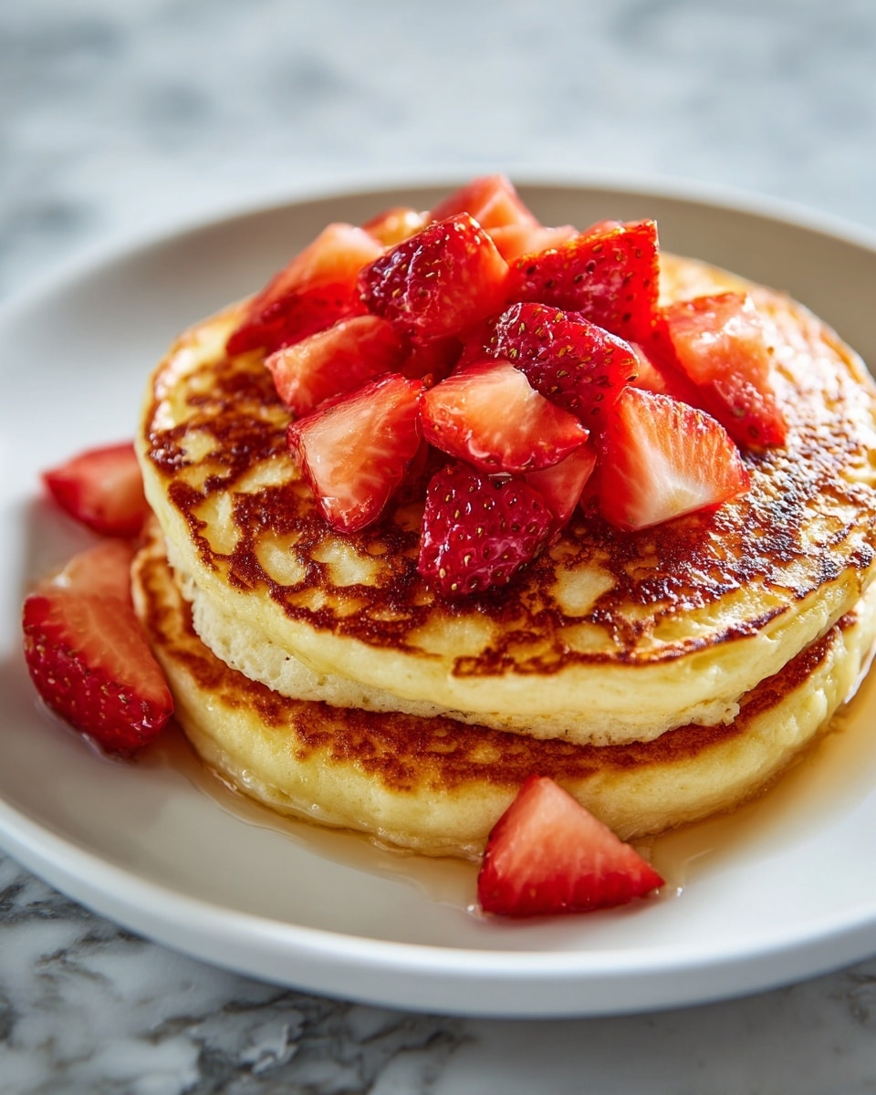A close-up image of two fluffy pancakes stacked on top of each other, with a golden-brown crispy texture on the surface. The top pancake is covered with sliced bright red strawberries arranged in the center, some pieces showing their juicy interior. The stack sits on a white plate, placed on a white marbled textured surface. photo taken with an iphone --ar 4:5 --v 7